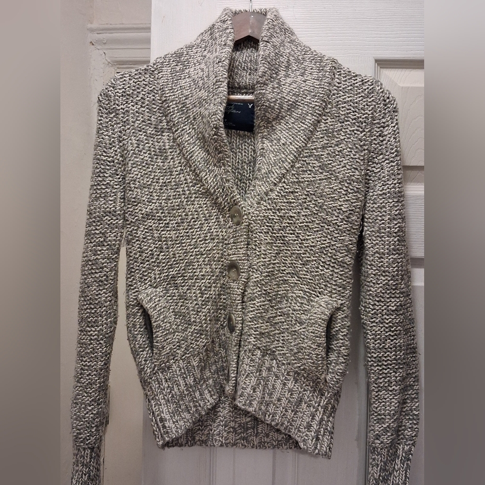 American Eagle Outfitters Two-Tone Shawl Collar Button Cardigan - Gray/White